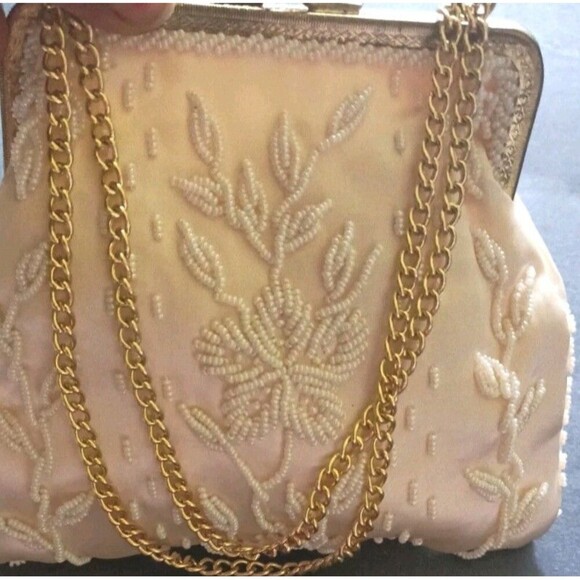 Vintage Beaded Purse Handbag Satin Beige Gold Chain Handmade Glam 1950s Style - Picture 13 of 13